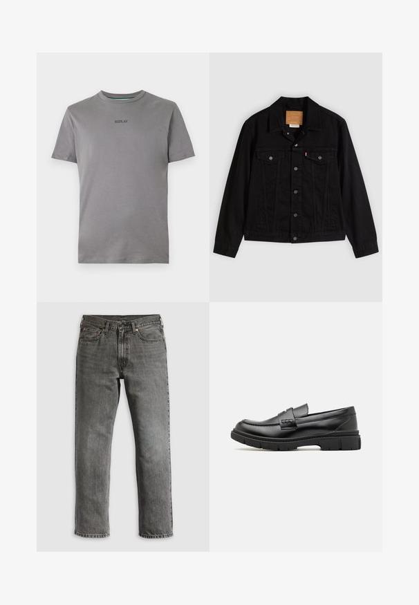 Veste en denim noir au design classique, avec un col pointu, des poches poitrine, une fermeture à cinq boutons et une étiquette de marque en cuir.; T-shirt gris clair en coton, muni de manches courtes et d'un col rond. "REPLAY" est brodé en noir sur la poitrine.; Jean en denim gris avec une coupe droite, comportant cinq poches, des rivets en cuivre et des coutures visibles. Design classique avec une braguette zippée.; Mocassin en cuir noir avec une large sangle sur le devant, semelle en caoutchouc à épaisse rainure, et texture lisse. Design classique et élégant.
