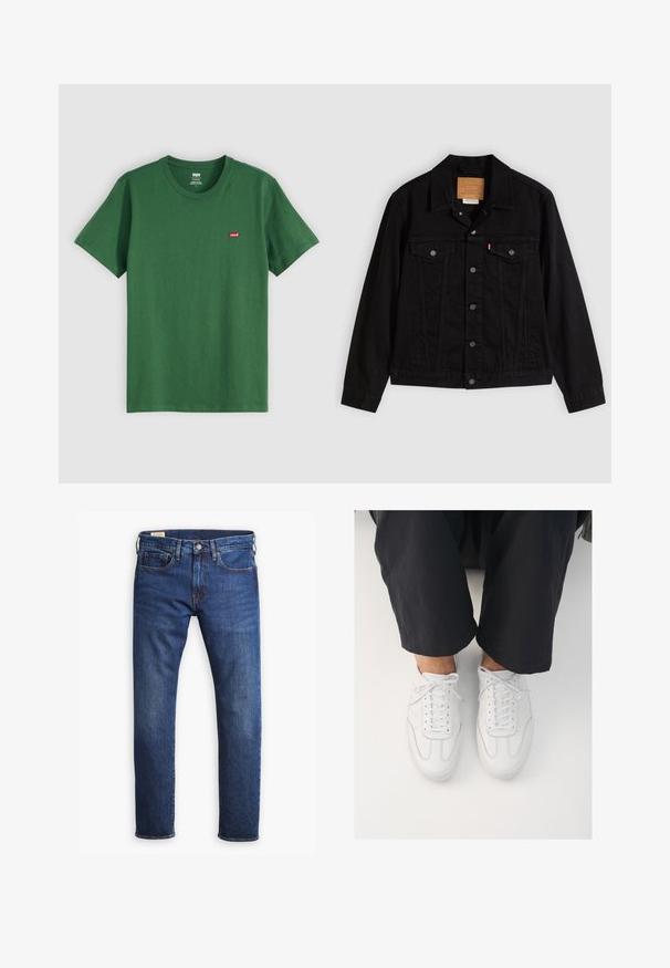 Chaqueta de mezclilla negra con un diseño clásico, que incluye cuello puntiagudo, bolsillos en el pecho, cierre de cinco botones y etiqueta de cuero de la marca.; Camiseta de algodón verde con cuello redondo, mangas cortas y un pequeño logo rojo de Levi's en el lado izquierdo del pecho. Textura suave, corte estándar.; Jeans de mezclilla azul con corte recto, que cuentan con cinco bolsillos, un cierre de botón y cremallera, y costuras doradas en contraste.; Zapatillas de cuero blanco con una textura lisa, punta redonda y sistema de cierre clásico, posicionadas sobre pantalones oscuros de corte holgado.