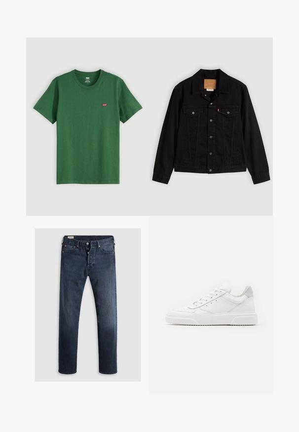 Zwarte spijkerjack met een klassiek ontwerp, voorzien van een puntkraag, borstzakken, vijf knopen aan de voorkant en een leren merkembleem.; Groene katoenen t-shirt met een ronde hals, korte mouwen en een klein rood Levi's-logo op de linkerkant van de borst. Zachte textuur, normale pasvorm.; Donkerblauwe denim jeans met een rechte pijp, voorzien van een rits en metalen knopen, en koperen klinknagels. Gladde textuur, geen zichtbare patronen.; Witte leren sneakers met een gladde afwerking, ronde neus, platte veters en een gestructureerde zool. Grijze suède accent bij de hiel.