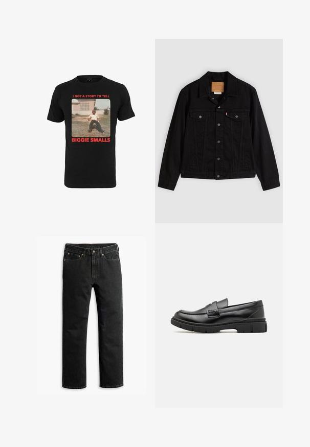 Sort denimjakke med klassisk design, der har en spids krave, brystlommer, lukning med fem knapper og et lædermærke med mærkenavn.; Sort bomulds T-shirt med et vintage billede og rød tekst, der står "I GOT A STORY TO TELL BIGGIE SMALLS" under billedet.; Sorte lige ben denim jeans med fem lommer, bæltestropper og en knaplukning i taljen, lagt fladt på en hvid baggrund.; Sort læder loafersko med en bred rem over forfoden, gummisål med tykke mønstre og glat overflade. Klassisk, slankt design.