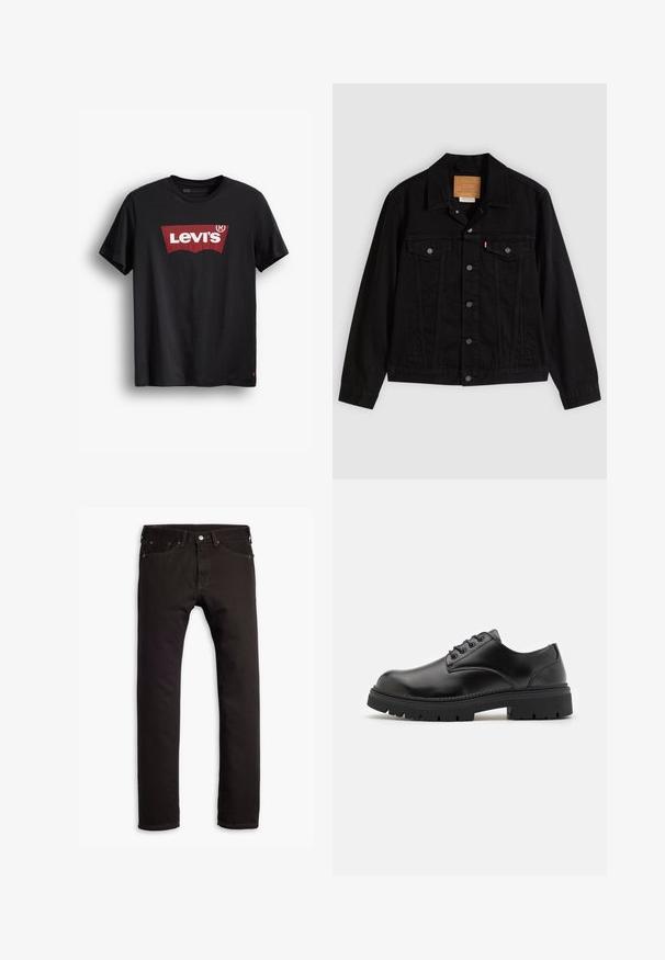Sort denimjakke med klassisk design, der har en spids krave, brystlommer, lukning med fem knapper og et lædermærke med mærkenavn.; Sort bomulds t-shirt med rund hals. Har et stort rødt Levi's logo på en hvid baggrund og et lille rødt mærke på den nederste side.; Sorte slim-fit jeans med fem lommer og knaplukning, præsenteret fladt på en hvid baggrund.; Sorte lædersko med rund tå, snørelukning og en tykk, struktureret gummisål. Har syninger langs kanten og en glat overflade.