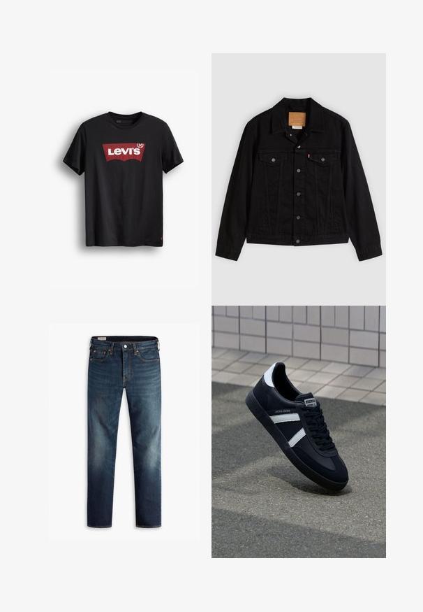Schwarze Jeansjacke mit klassischem Design, ausgestattet mit spitzem Kragen, Brusttaschen, Fünf-Knopf-Verschluss und Leder-Label der Marke.; Schwarzes Baumwoll-T-Shirt mit Rundhalsausschnitt. Mit einem großen roten Levi's-Logo auf weißem Hintergrund und einem kleinen roten Etikett an der unteren Seite.; Dunkelblaue Jeans mit geradem Bein, fünf Taschen und Kupferbeschlägen. Ausgebleichte Stellen an den Beinen sorgen für einen Texturkontrast.; Schwarze Leder-Sneaker mit weißen Streifen, strukturiertem Gummisohle und Schnürung. Verfügt über ein Markenetikett auf der Zunge.