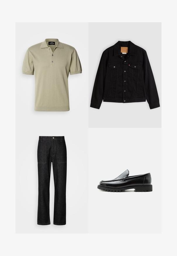 Veste en denim noir au design classique, avec un col pointu, des poches poitrine, une fermeture à cinq boutons et une étiquette de marque en cuir.; Polo à manches courtes en tissu tricoté vert olive clair, avec un col plat, une patte de boutonnage à trois boutons et un ourlet côtelé.; Pantalons en denim noir avec une coupe droite, des coutures visibles et une fermeture à bouton sur le devant. Comprend deux poches latérales et deux poches arrière.; Mocassin en cuir noir avec semelle en caoutchouc épaisse, dessus cousu et nom de marque embossé sur le talon, présenté de profil sur fond blanc.