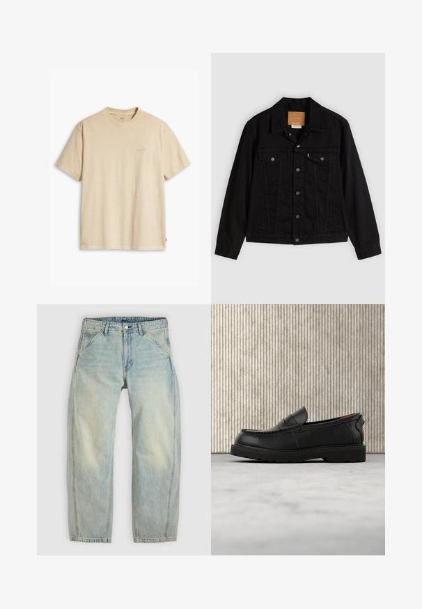 Sort denimjakke med klassisk design, der har en spids krave, brystlommer, lukning med fem knapper og et lædermærke med mærkenavn.; Beige bomulds t-shirt med rund hals og korte ærmer. Har et subtilt "Levi's" logo i samme farve på brystet. Blød tekstur.; Lys blå jeans med vide ben lavet af denim. Har fem lommer, en knaplukning og falmede områder for et brugt udseende.; Sort læderloafer med robust sål og rødt indvendigt for, placeret i luften over beige tæppe og nær træmøbler.