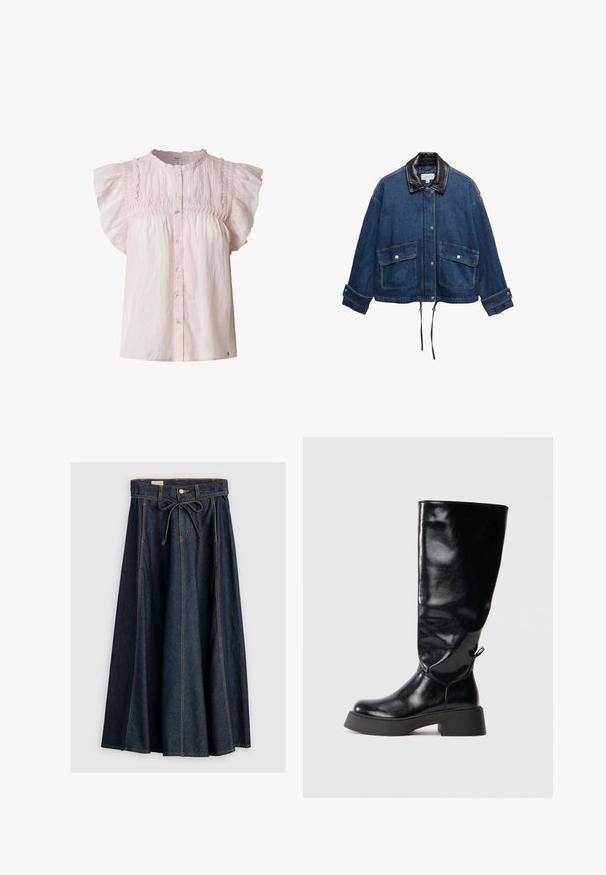 Chaqueta de mezclilla azul con grandes bolsillos delanteros con solapa, botones a presión, puños ajustables, dobladillo con cordón y cuello de cuero negro en contraste.; Blusa rosa claro con mangas cortas abullonadas, cuerpo fruncido, escote redondo y cierre de botones en la parte frontal. Hecha de una tela ligera con una textura suave.; Levi's® XL SKIRT - Falda vaquera - square circle; Botas de cuero negro hasta la rodilla con un acabado brillante, puntera redondeada, tacón de plataforma grueso y detalle decorativo en la parte posterior.