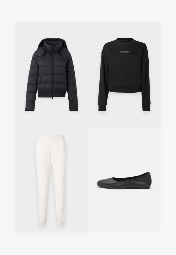Veste d’hiver noire matelassée avec col montant, manches longues, fermeture éclair frontale et capuche amovible.; Sweat-shirt court noir en tissu doux, avec manches longues et col rond. Logo doré "Armani Exchange" sur le devant.; Pantalon de jogger crème en tissu doux, avec une taille et des poignets ajustés. Design simple sans motifs visibles ni ornements.; Ballerines en cuir noir avec un bout rond, texture lisse, détails de couture minimalistes et design de semelle flexible.