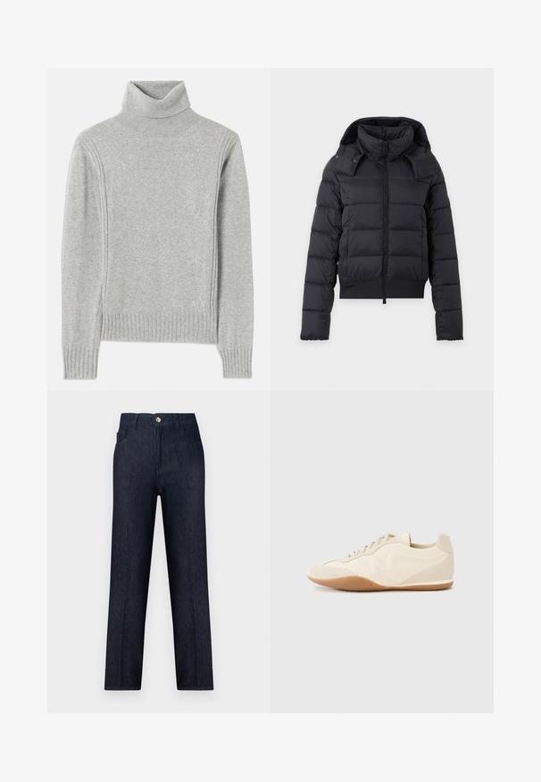 Sort polstret vinterjakke med høj krave, lange ærmer, lynlås foran og aftagelig hætte.; Lys grå turtleneck sweater lavet af blødt stof. Har ribbede manchetter og kanten, samt et diskret logo nederst til højre.; Mørkeblå denimjeans med lige ben, standard taljebånd, forlommer og en enkelt metalknap i taljen.; Lyse beige sneakers med en tekstureret læderoverdel, teksturerede sider og en gummisål. Har et slankt, strømlinet design og flade snørebånd.
