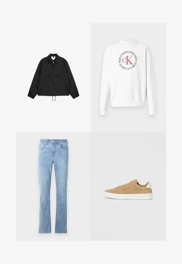Schwarze leichte Jacke mit Frontreißverschluss, zwei schrägen Taschen, elastischen Bündchen, Kragen und verstellbaren Kordeln am Saum.; Weißes Sweatshirt mit langen Ärmeln, rundem Kragen und rotem CK-Logo, umgeben von schwarzem Text mit der Aufschrift "Calvin Klein New York City Seit 1968" auf der Vorderseite.; Helle blaue, gerade geschnittene Jeans aus Baumwoll-Denim. Verfügt über fünf Taschen, einen frontalen Knopfverschluss und dezente Steppdetails.; Beige Wildlederschuhe mit einer weißen Gummisohle, runder Zehenpartie, flachen Schnürsenkeln und einem dezenten Logo an der Seite. Glatte Textur und minimalistisches Design.