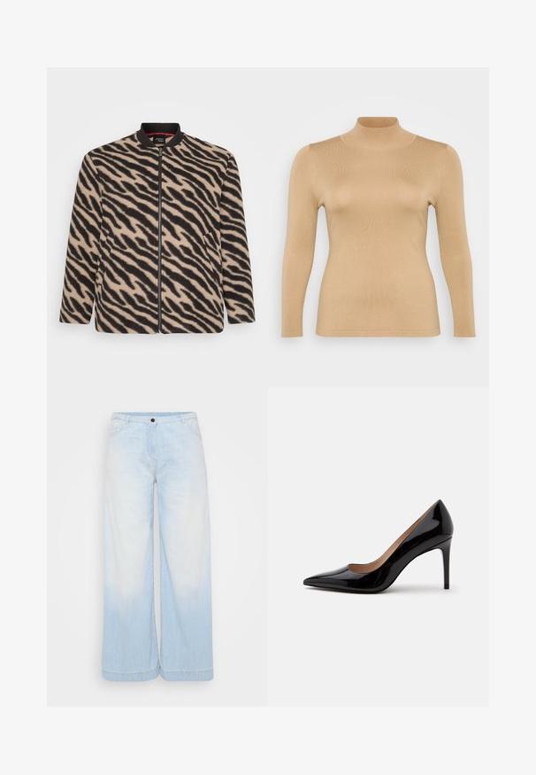 Beige ja musta zebra-malli pikkukahva, pitkät hihat, vetoketju, ribbireuna ja sivutaskut, esitelty valkoisella taustalla.; Beige toppi med høy hals, lange ermer og ribbestruktur. Fitted design i glatt materiale uten synlige dekorasjoner.; Vaaleansiniset denim leveät farkut, joissa on liukuvärjäys, napillinen suljenta, etutaskut ja kontrastiväriset tikkaukset helman ympäri.; Musta kiiltävä nahkainen korkokengänkärkinen kärkikenkä ja piikkikorko, esitetty sivuprofiilina yksivärisellä valkoisella taustalla.