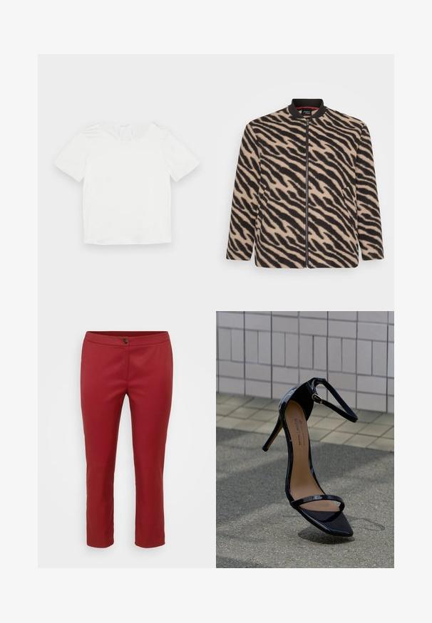 Langærmet beige og sort zebra-mønstret hættetrøje med lynlås, ribbet krave og sidelommer, præsenteret på en hvid baggrund.; Hvid kortærmet t-shirt lavet af glat, letvægtsstof; har en rund halsudskæring og en lille nøglehulåbning på ryggen.; Røde skræddersyede bukser i glat stof, med en frontlukning med knap og lige ben, designet til en tætsiddende silhuet.; Sort laklæder sandal med høje hæle, ankelrem, guldbeslag og spids tå, placeret oprejst på en flisebelagt og asfalt belægning.