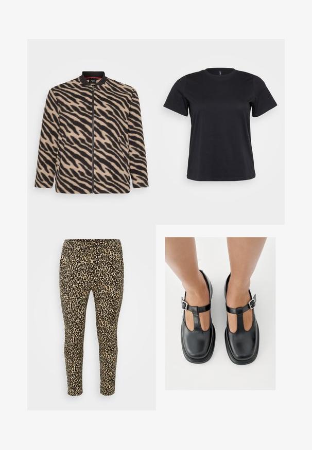 Beige und schwarze Zebra-Print Jacke mit langem Arm, Reißverschluss, geripptem Kragen und Seitentaschen, auf einem weißen Hintergrund präsentiert.; Schwarz Baumwoll-T-Shirt mit kurzen Ärmeln, Rundhalsausschnitt, lockerer Passform und glatter Textur. Keine sichtbaren Grafiken oder Muster.; Leopardenprint Leggings in Beige und Schwarz, mit elastischem Bund, slim fit und weichem, dehnbarem Stoff für Komfort.; Schwarze Lederschuhe mit T-Riemen-Design, geschlossenem Zehenbereich und silbernen Schnallenakzenten. Glatte Textur mit rundem Zehenbereich und flacher Sohle.
