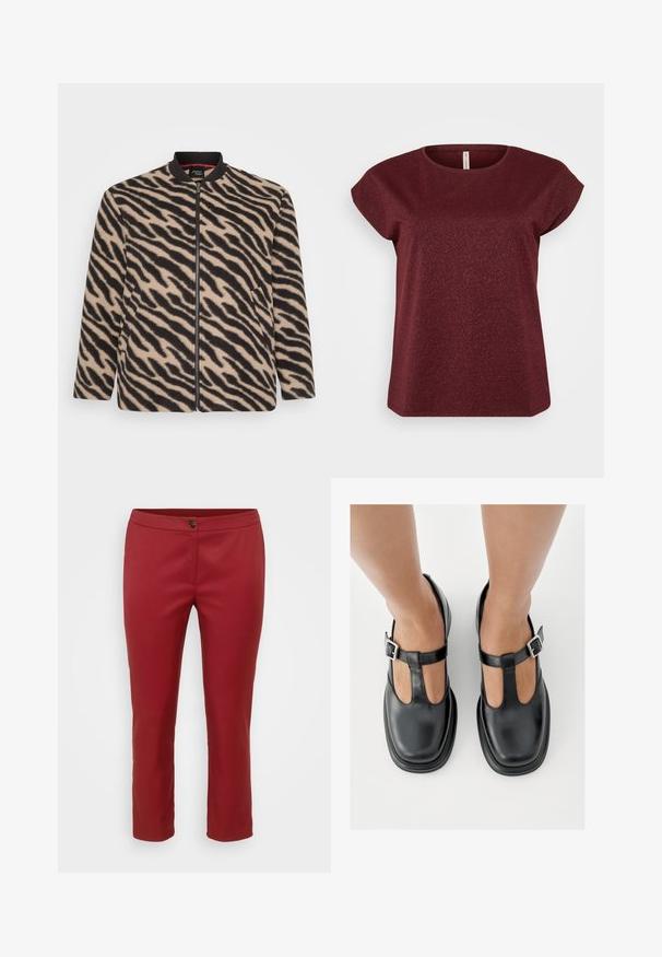 Beige ja musta zebra-malli pikkukahva, pitkät hihat, vetoketju, ribbireuna ja sivutaskut, esitelty valkoisella taustalla.; Burgundin lyhythihainen paita, jossa on pyöreä kaula-aukko, valmistettu teksturoidusta kankaasta, joka sisältää hienovaraisia kimalluskoristeita. Siisti, yksinkertainen siluetti.; Punokset punaiset housut, joissa on sileä kangas, etupuolella nappisulku ja suorat lahkeet, suunniteltu istuvaa siluettia varten.; Mustat nahkakengät, joissa on T-remmillä varustettu suunnittelu, suljettu kärki ja hopeiset solkisomisteet. Sileä pinta, pyöreä kärki ja tasapohja.