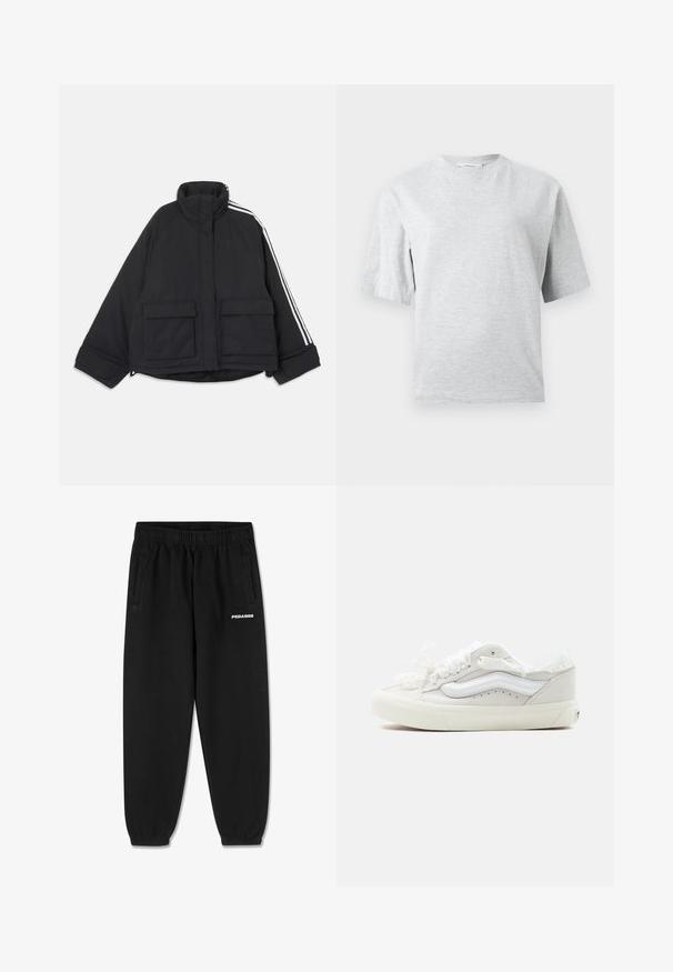 Veste matelassée noire avec col montant, deux poches avant à rabats, et trois bandes blanches courant le long d'une manche.; T-shirt gris clair à manches courtes et col rond, coupe décontractée, présenté sur un fond blanc uni.; Pantalons de survêtement noirs en tissu doux, avec une taille à cordon de serrage, des jambes fuselées et des poches latérales. Logo "PEGADOR" en blanc sur le devant.; Baskets basses en toile blanche avec une semelle en caoutchouc blanche, des lacets en ruban de satin et un motif de vague blanche sur le côté.