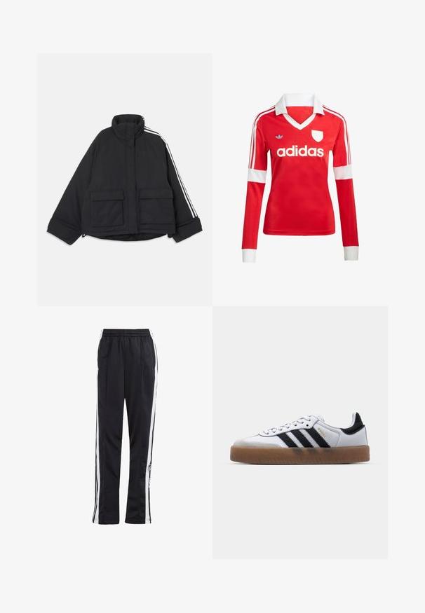 Schwarze Steppjacke mit hohem Kragen, zwei Fronttaschen mit Klappen und weißen drei Streifen, die einen Ärmel hinunterlaufen.; Rotes Fußballtrikot mit langen Ärmeln, weißem Kragen und weißen Ärmelbündchen. Es hat drei weiße Streifen auf den Schultern und das "adidas"-Logo ist auffällig platziert.; Schwarze Jogginghose mit weißen Seitenstreifen, elastischem Bund und einem Logo-Patch. Hergestellt aus glattem, leichtem Stoff. Gerades Bein-Design.; Weiße Leder Sneakers mit schwarzen Streifen, Gummigummi-Außensohle, runder Zehenform, Schnürverschluss und weichem grauem Wildleder-Zehenkappe.