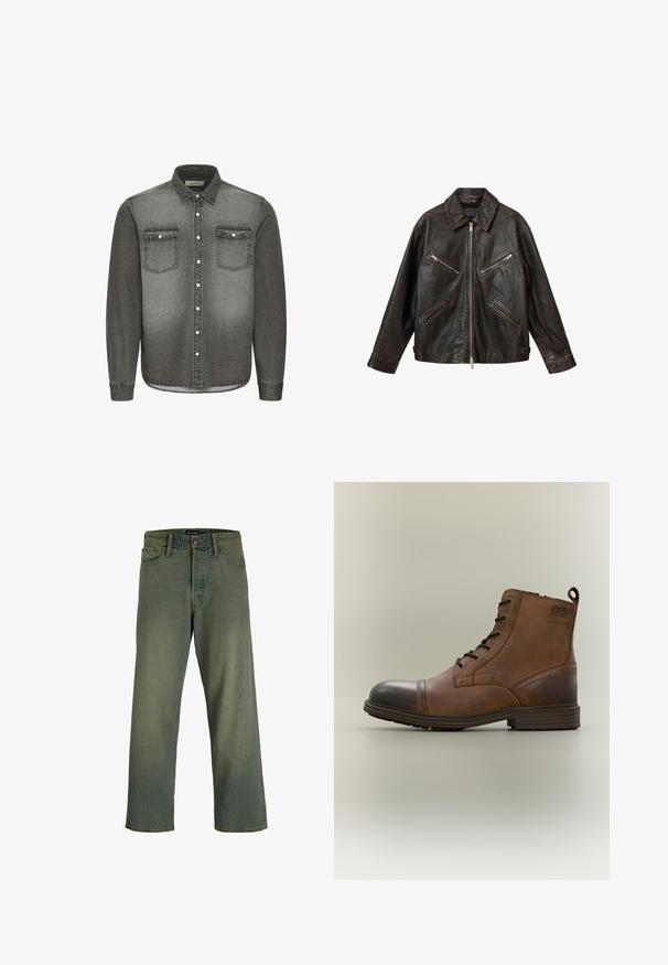 Mørkebrun læderjakke med forlynlås, to diagonale lynlåslommer på brystet og to sidelommer på hvid baggrund.; Grå denimskjorte med button-down krave, lange ærmer, to brystlommer og sølvhardware detaljer. Aftagende gradient design.; Grønne jeans med vide ben, fem lommer og bæltestropper, knaplukning og synlige syninger, vist på en hvid baggrund.; Brun læderstøvle med snørebånd, sort tåhætte, rund sål og mærket detalje på siden mod ensfarvet baggrund.