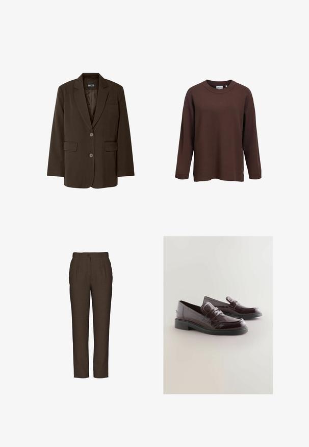 Blazer marron à boutonnage simple, avec deux poches avant, revers cranté et fermeture à bouton. Texture de tissu lisse. Étiquette de marque visible.; Pull marron à manches longues avec col rond, poignets et col côtelés, design simple, et une étiquette à l'intérieur de l'encolure portant la mention "OBJECT."; Pantalon marron sur mesure en tissu texturé. Doté d'un pli avant, d'une fermeture à bouton et d'une coupe droite, conçu pour un ajustement slim.; Mocassins en cuir verni bordeaux avec un bout arrondi, une semelle intérieure coussinée et une semelle en caoutchouc noire. Présente une sangle décorative sur le devant.