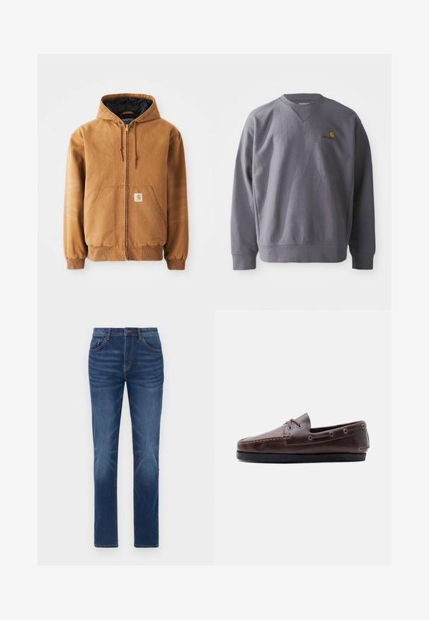Braune Reißverschlussjacke mit Kapuze, frontalen Taschen, Kordelzügen, gerippten Bündchen und einem kleinen quadratischen Etikett auf der linken Tasche.; Grauer Sweatshirt mit Rundhalsausschnitt, gerippten Bündchen und Saum. Mit gesticktem gelb-rotem Logo auf der Brust. Hergestellt aus weichem Stoff.; Dunkelblaue Denim-Jeans mit klassischem gerade geschnittenem Schnitt, Fünf-Taschen-Design und leichtem Verblassen an den Beinen. Mit Knopf- und Reißverschluss.; Brauner Leder-Mokassin mit schwarzer Sohle, Schnürdetails an der Seite und vorne, Seitenansicht vor weißem Hintergrund.