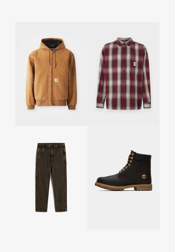 Bruine rits-hoodie met voorzakken, trekkoorden, geribbelde manchetten en een klein vierkant label op de linkerzak.; Rode en grijze geruite flanellen shirt met een button-down kraag, lange mouwen en een borstzak met een logo label. Geweven textuur.; Vans DRILL CHORE CARPENTER ACID WASH - Straight leg jeans - olive; Zwarte leren enkellaars met gouden oogjes, bruine accenten en een rubberen zool. Heeft een gevoerde kraag en geperst logo aan de zijkant.
