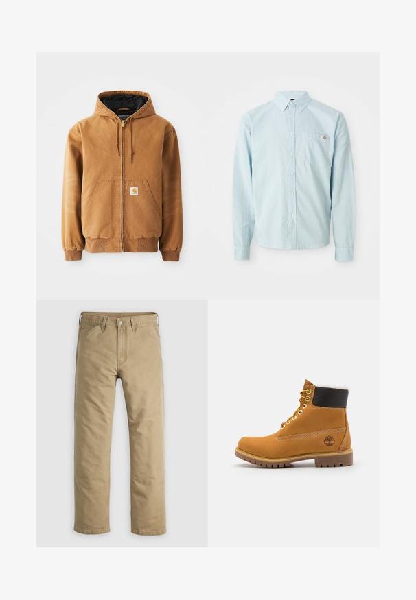 Bruine rits-hoodie met voorzakken, trekkoorden, geribbelde manchetten en een klein vierkant label op de linkerzak.; Lichtblauw overhemd met lange mouwen en knoopsluiting, met een geknoopte kraag en borstzak die voorzien is van een klein rood-wit logo patch.; Kaki katoenen broek met een rechte pijp, voorzakken en een knoopsluiting. Glad textuur en verstevigde naden voor duurzaamheid.; Bruine leren enkellaars met metalen oogjes, witte faux bont voering, zwarte gewatteerde kraag, robuuste zool en een reliëflogo aan de zijkant.