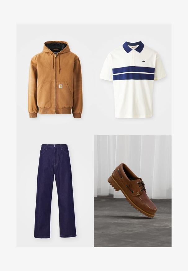 Braune Reißverschlussjacke mit Kapuze, frontalen Taschen, Kordelzügen, gerippten Bündchen und einem kleinen quadratischen Etikett auf der linken Tasche.; Weißes Poloshirt mit marineblauen Streifen über der Brust und am Kragen. Hat kurze Ärmel und ein kleines Logo auf der linken Seite in der Nähe des Kragens.; Dunkelblaue Denim-Hosen mit weitem Bein und hoher Taille, ausgestattet mit vorderen Taschen und einem Knopfverschluss, der eine glatte, strapazierfähige Textur zeigt.; Brauner Leder-Bootsschuh mit schwarzen Schnürsenkeln, beigen Nähten und einer robusten Sohle, schwebt über einem grauen Betonboden.