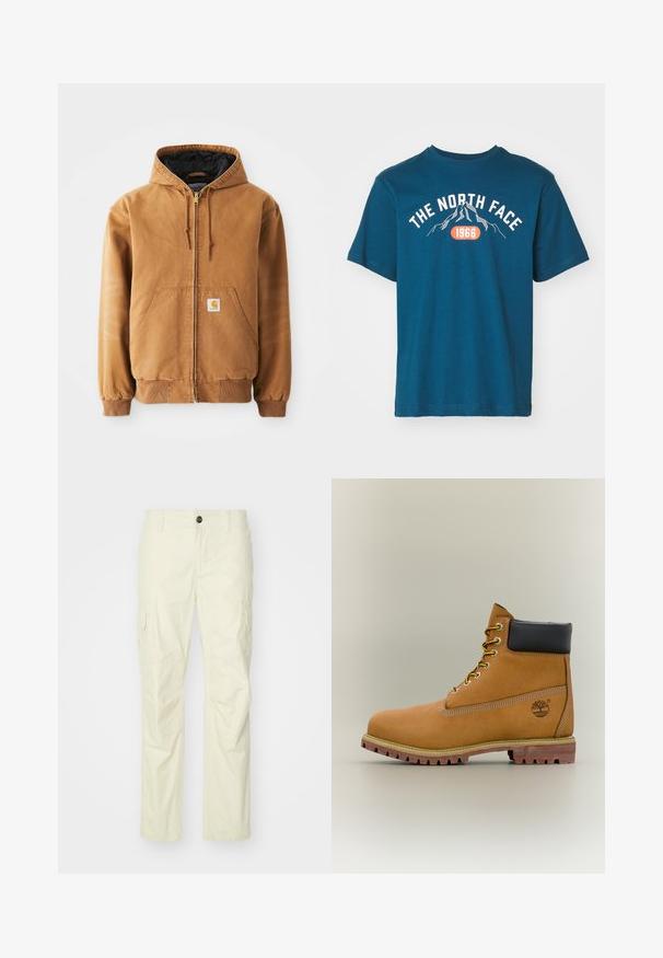 Braune Reißverschlussjacke mit Kapuze, frontalen Taschen, Kordelzügen, gerippten Bündchen und einem kleinen quadratischen Etikett auf der linken Tasche.; The North Face M VARSITY GRAPHIC RELAXED SS TEE - T-Shirt print - midnight petrol; Beige Cargo-Hosen aus leichtem Stoff, mit Seitentaschen, Knopfverschluss und geradem Bein. Glatte Textur mit maßgeschneiderten Nähten.; Brauner Leder-Stiefelette mit schwarzem Kragen, gelben Schnürsenkeln und hellbrauner Sohle. Verfügt über ein Logo und weiße Ziernähe. Robuste Profilsohle.