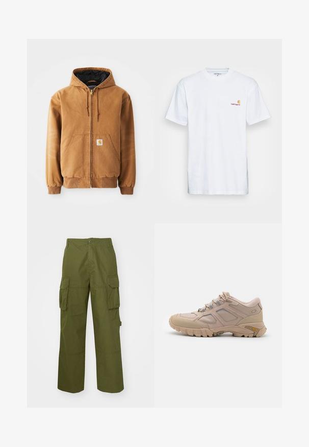 Veste à capuche zippée marron avec poches avant, cordons de serrage, poignets côtelés et une petite étiquette carrée sur la poche gauche.; T-shirt en coton blanc à manches courtes. Doté d'un petit logo orange et bordeaux sur la poitrine gauche. Présente un col rond classique.; Pantalons cargo vert olive en tissu résistant, avec deux poches latérales, une coupe décontractée et une fermeture à boutons à la taille.; Baskets de sport beiges avec une tige en maille texturée, revêtement synthétique et semelle extérieure Vibram. Comprend un système de laçage et des détails sur les panneaux latéraux.