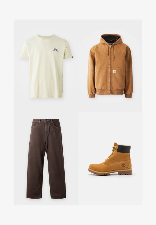 Bruine rits-hoodie met voorzakken, trekkoorden, geribbelde manchetten en een klein vierkant label op de linkerzak.; Beige T-shirt met korte mouwen en ronde hals met klein blauw Alpha Industries-logo op de linkerborst, bovenaan.; Bruine wijde broek van katoen, met een klassiek vijf-pocketdesign, een ritsgulp en zichtbare stikseldetails.; Bruine leren enkellaars met metalen oogjes, witte faux bont voering, zwarte gewatteerde kraag, robuuste zool en een reliëflogo aan de zijkant.