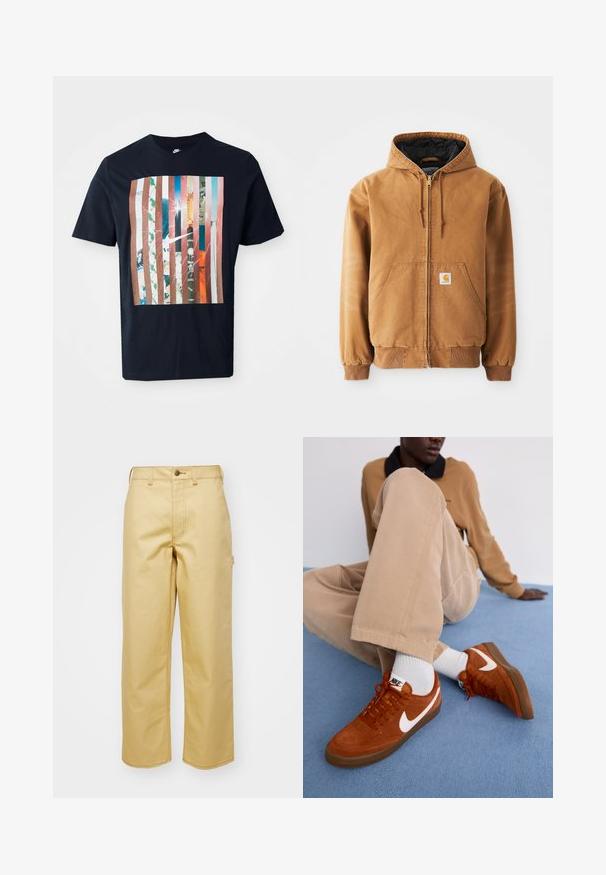 Chaqueta con capucha de color marrón, con cremallera, bolsillos frontales, cordones, puños acanalados y una pequeña etiqueta cuadrada en el bolsillo izquierdo.; Camiseta navy con un diseño gráfico que presenta rayas verticales en varios tonos, incorporando imágenes urbanas y un logo de Nike.; Pantalones de algodón beige de pierna ancha con un cierre frontal de botón, lazos para cinturón y bolsillos laterales. Textura suave con detalles de costura visibles.; Zapatillas de ante marrón con el logo de Nike en blanco y suelas de goma, combinadas con pantalones beige claros y calcetines cortos blancos sobre una superficie azul.