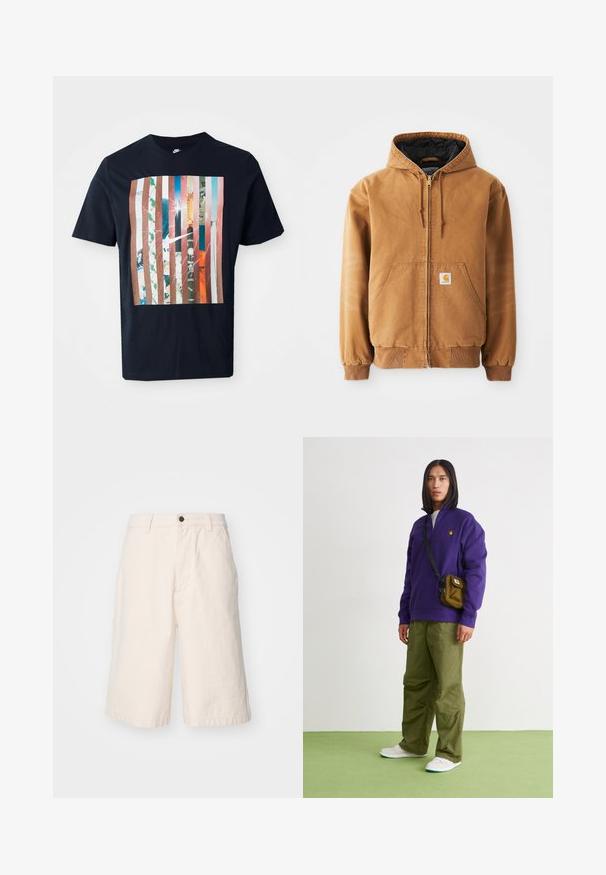 Braune Reißverschlussjacke mit Kapuze, frontalen Taschen, Kordelzügen, gerippten Bündchen und einem kleinen quadratischen Etikett auf der linken Tasche.; Marineblaues T-Shirt mit einem grafischen Design, das vertikale Streifen in verschiedenen Farbtönen zeigt, ergänzt durch städtische Motive und ein Nike-Logo.; Helle beige Baumwollshorts mit geradem Schnitt, ausgestattet mit einem Knopfverschluss, seitlichen Taschen und einem Saum, der knapp über dem Knie endet.; Jordan AIR JORDAN 1 ZM CMFT 2 - Sneaker high - summit white/bicoastal/oxidized green