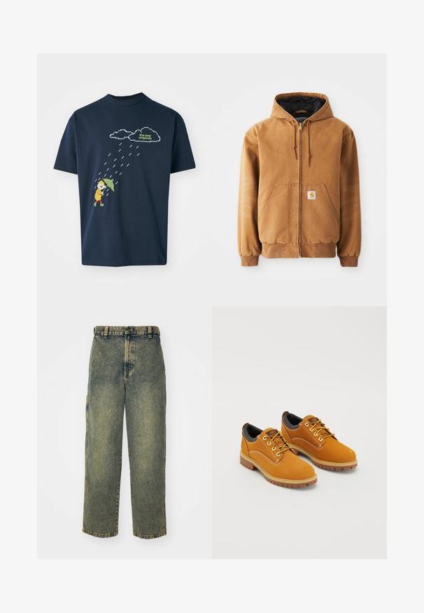 Bruine rits-hoodie met voorzakken, trekkoorden, geribbelde manchetten en een klein vierkant label op de linkerzak.; Marineblauwe katoenen t-shirt met een gepixeld grafisch ontwerp van een figuur met een paraplu onder wolken en regendruppels, met daarboven tekst in lichtgroen.; Baggy denim jeans in een vervaagde blauwe en groene was. Heeft een knoopsluiting, riemlussen en zijzakken. Vlakke voorkant en rechte pijpen.; Bruine suède schoenen met een ronde neus, gele veters, een gewatteerde zwarte kraag en rubberen zolen met gripgroeven.
