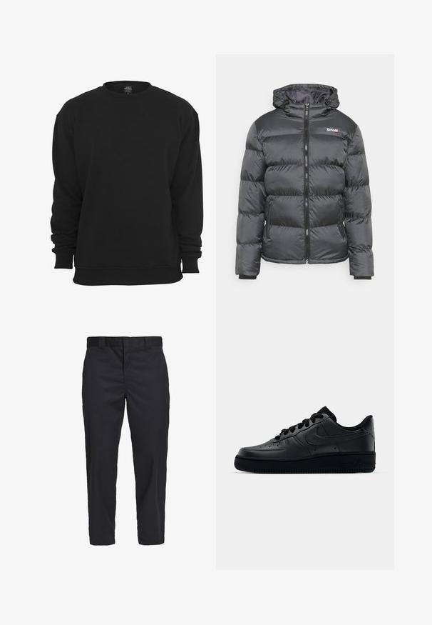 Schott IDAHO - Winterjas - anthracite; Zwarte sweater met ronde hals en lange mouwen, gemaakt van een katoenmengsel. Voorzien van geribbelde manchetten en zoom, een zachte textuur en een losse pasvorm.; Zwarte chino's van lichtgewoven katoen, met een rechte pijp, zijzakken en een knoopsluiting bij de taille.; Zwarte Nike Air Force 1 sneaker met een gladde leren bovenkant, geperforeerde neus voor ademend vermogen, zwarte veters en een getextureerde rubberen zool.