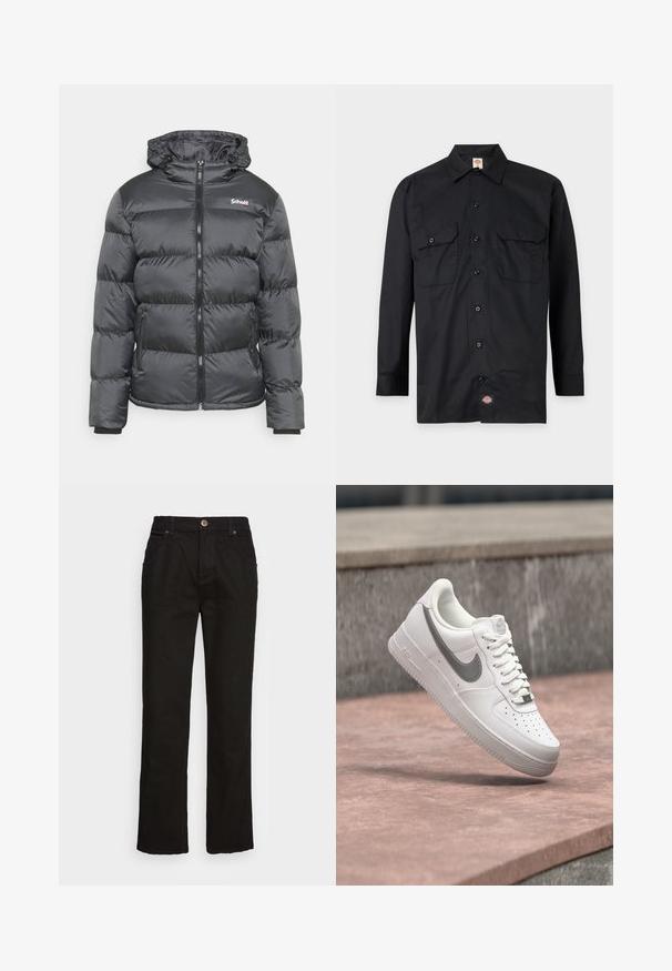 Schott IDAHO - Winterjas - anthracite; Zwart overhemd met lange mouwen en knopen, met twee borstzakken met klep aan de voorkant en een klein Dickies-logo label dicht bij de onderste zoom.; Zwarte denim straight-leg jeans met een knoopsluiting, riemlussen en voorzakken. De stof heeft een gladde afwerking en minimale stiksels.; Witte Nike Air Force 1 sneaker met grijs swoosh-logo zwevend boven een stenen oppervlak en een grijze stenen muur op de achtergrond.