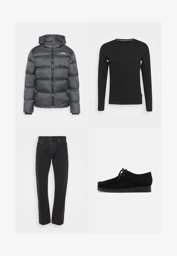 Schott IDAHO - Winterjacke - anthracite; Lindbergh O-NECK - Langarmshirt - black; Schwarze gerade geschnittene Jeans für Herren mit vorderem Knopf und Reißverschluss, fünf Taschen und Gürtelschlaufen auf einem schlichten weißen Hintergrund.; Schwarze Wildlederschuhe mit rundem Zehendesign, einer Schnürfront und einer strukturierten schwarzen Gummisohle. Glattes Obermaterial mit dezenten Nahtdetails.
