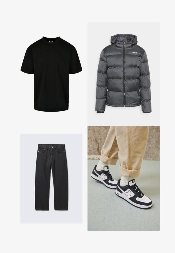 Schott IDAHO - Winterjacke - anthracite; Schwarzes T-Shirt aus Baumwolle, mit Rundhalsausschnitt und kurzen Ärmeln in lockerer Passform. Einfaches Design, ohne Muster oder Grafiken.; Schwarze Jeans mit geradem Bein, fünf Taschen und Knopfverschluss an der Taille, flach auf hellem Hintergrund liegend.; Schwarz-weiße Nike Air Force 1 Sneaker mit einem Obermaterial aus Leder, perforierter Zehenpartie und strukturiertem Sohlendesign, getragen mit aufgerollten beigen Hosen und weißen Socken.