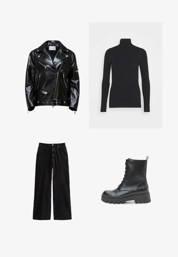 Chaqueta de cuero negro estilo biker con cremalleras plateadas, cinturilla y cuello de muesca. Cuenta con múltiples bolsillos con cremallera y una textura brillante.; Suéter ajustado de canalé negro con cuello alto, que presenta mangas largas y una silueta ceñida. La textura es suave con un patrón de canalé horizontal.; Pantalones de denim negros de pierna ancha con una cintura alta, que cuentan con un clásico diseño de cinco bolsillos y un cierre de botón, fabricados con una resistente tela de algodón.; Botín de piel negra con diseño de cordones, suela gruesa tipo plataforma y detalles texturizados en los laterales. Cuenta con una lengüeta para tirar en la parte trasera.