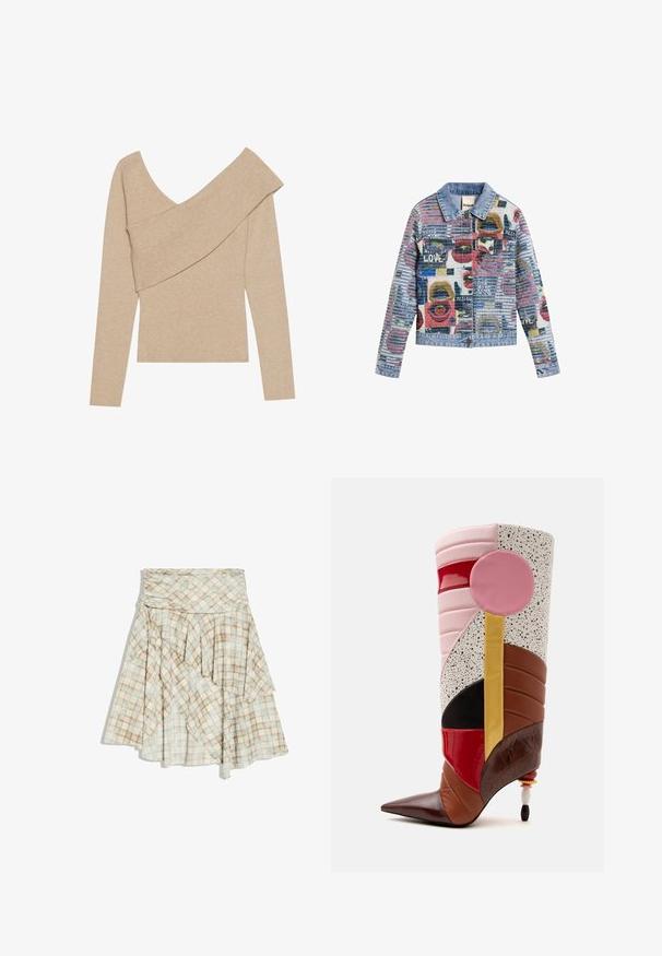 Džínová bunda s farebnými abstraktnými geometrickými a textovými vzormi, vrátane slov ako "LOVE" a "DESIGUAL,", s prednými gombíkmi a golierom.; Even&Odd by Zalando Svetrík - mottled beige; Asymetrická sukňa svetlo modrá a béžová károvaná s vrstvenými volánmi a vysokým pásom.; Vysoká čižma po kolená s patchworkovým dizajnom v ružovej, červenej, hnedej, čiernej, škvrnatej bielej a žltej farbe, s okrúhlym ružovým detailom a opätkom s korálkami.
