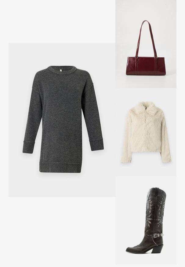 Veste en fausse fourrure de couleur crème, avec un col rond, des manches longues et une surface texturée douce avec une coupe légèrement ample.; Pull en laine à manches longues gris foncé, avec des poignets et un ourlet côtelés, un col rond et une coupe décontractée.; Botte de cowboy en cuir noir avec découpes décoratives, boucle argentée et talon incliné, présentée sur fond blanc.; Sac à main bordeaux en matériau brillant, de forme rectangulaire, avec deux anses et des accents légèrement courbés à l'avant.