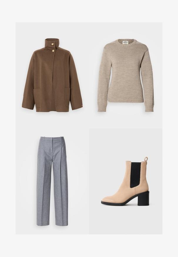 Veste en laine marron avec col montant, deux boutons dorés, manches longues et poches plaquées à l'avant sur fond blanc.; Pull en laine beige avec un col rond, des manches longues avec des accents texturés, et des poignets et un ourlet côtelés.; Pantalons larges gris clair en tissu texturé, avec des plis à l'avant et une taille cintrée. Design minimaliste, sans matériel visible.; Bottine en suede beige avec un talon bloqué, présentant un gousset élastique noir et une languette à l'arrière. Texture lisse et design à bout rond.