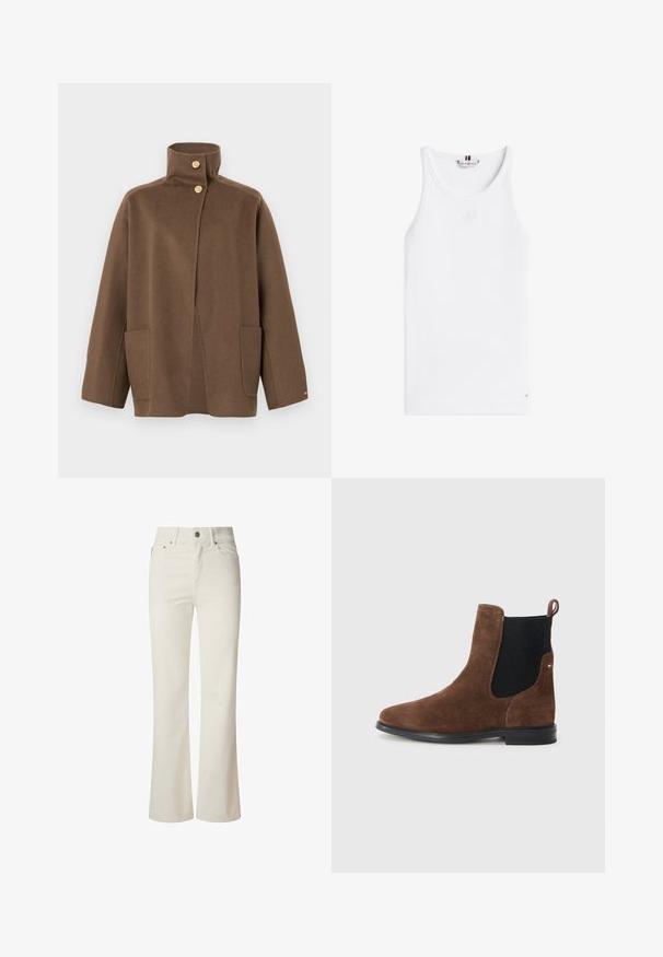Bruine wollen jas met hoge kraag, twee gouden knopen, lange mouwen en voorzakken op een witte achtergrond.; Witte geribbelde mouwloze tanktop met ronde hals en klein Tommy Hilfiger-logo bij de zoom en binnenin de kraag.; Witte flared jeans van denim. Heeft een hoge taille, vijf zakken en een metalen knoopsluiting. Glad oppervlak zonder zichtbare patronen.; Bruine suède enkellaarzen met een zwart elastisch zijpaneel, een gladde textuur, een ronde neus en een kleine, zwarte zool.