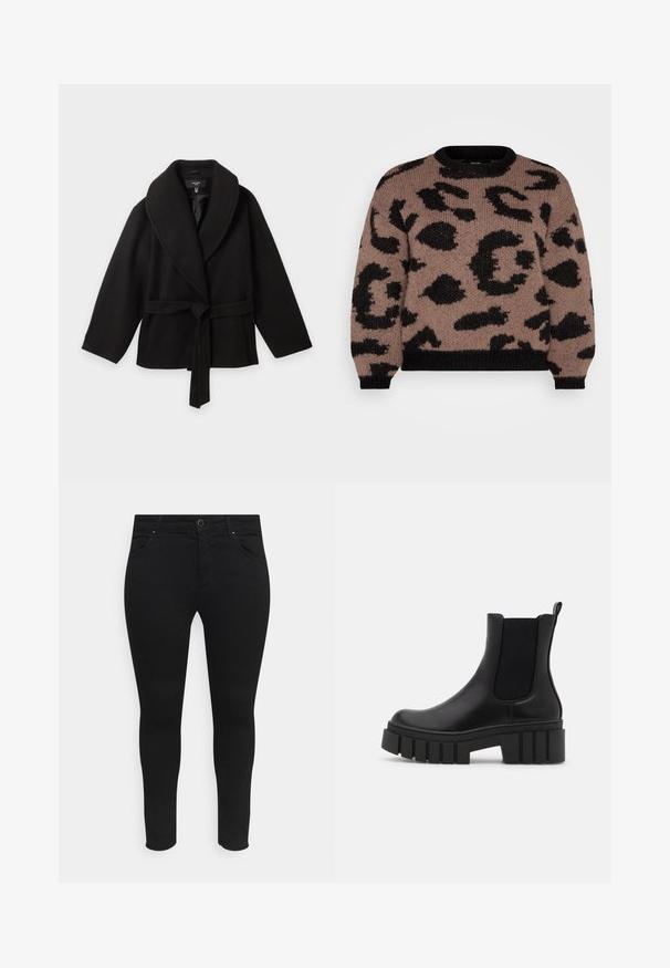 Sort frakke med bælte, bred sjalskrave, lange ærmer og løs pasform, vist mod en lys ensfarvet baggrund.; Vero Moda Curve VMCZELMA O NECK - Striktrøje - brown/black; Sorte skinny jeans lavet af et strækstof, med forlommer, en knaplukning og et strømlinet design uden synlige mønstre eller udsmykninger.; Sort læder Chelsea-støvle med tyk, ribbet platformsål og elastiske sidesektioner, vist mod en ensfarvet lys baggrund.