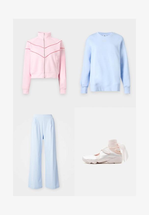 Lyserød lynlåstrøje med høj krave, røde chevronstriber over bryst og ærmer samt sidelommer.; Lyseblå Nike sweatshirt med rund hals, lange ærmer, ribkantet manchet og kant samt lille hvid Nike Swoosh-logo på brystet.; Lyseblå bredbenede bukser med en glat tekstur, elastisk talje og plisserede detaljer på fronten. Fremstillet af et blødt stof.; Hvid og lyserød sneaker med blødt stofankelomslag bundet i en sløjfe, med justerbar rem og rundet sål.