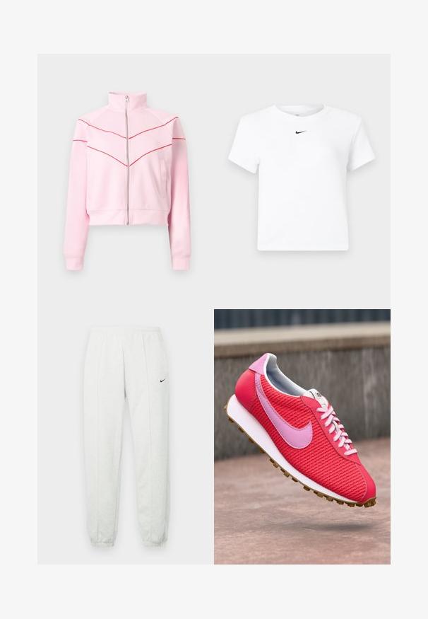 Lyserød lynlåstrøje med høj krave, røde chevronstriber over bryst og ærmer samt sidelommer.; Hvid Nike cropped T-shirt med korte ærmer og en lille sort Nike swoosh-logo centreret under nakkekanten.; Lysegrå Nike joggingbukser med elastisk taljebånd, tilspidsede manchetter og et lille sort logo på venstre lår. Blødt, tekstureret stof.; Lys pink og rød strikket sneakers med lyserød logo og snørebånd, hvid sål og brun bund flyvende over en betonoverflade.