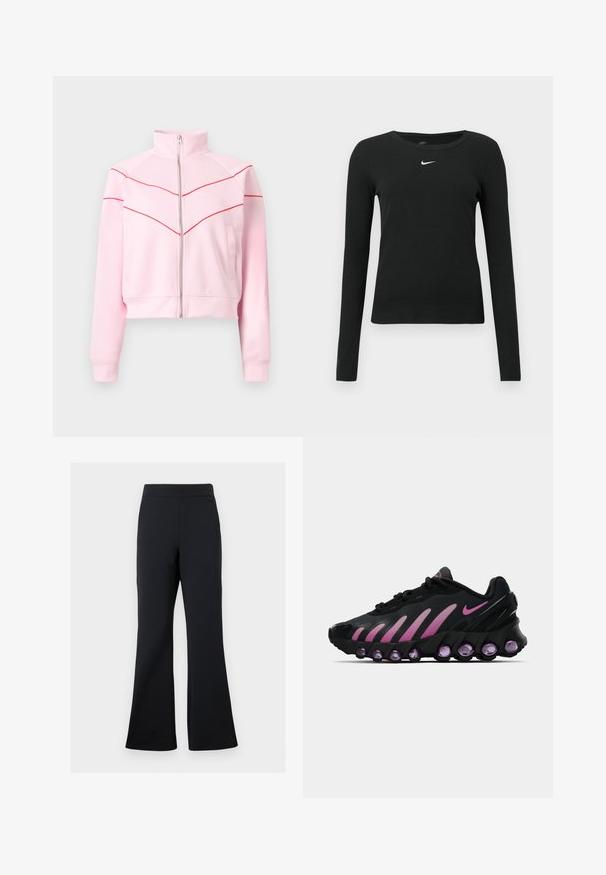 Lyserød lynlåstrøje med høj krave, røde chevronstriber over bryst og ærmer samt sidelommer.; Sort, langærmet tætsiddende top lavet af ribbet stof, med rund halsudskæring og et diskret hvidt Nike-logo på brystet.; Sorte flared bukser lavet af blødt stof med elastisk talje og en diskret sidelomme, der har en glat tekstur og minimalistisk design.; Sorte og lyserøde Nike sneakers med en mesh-overdel, buet design og rund lilla dæmpning i sålen og på siderne.