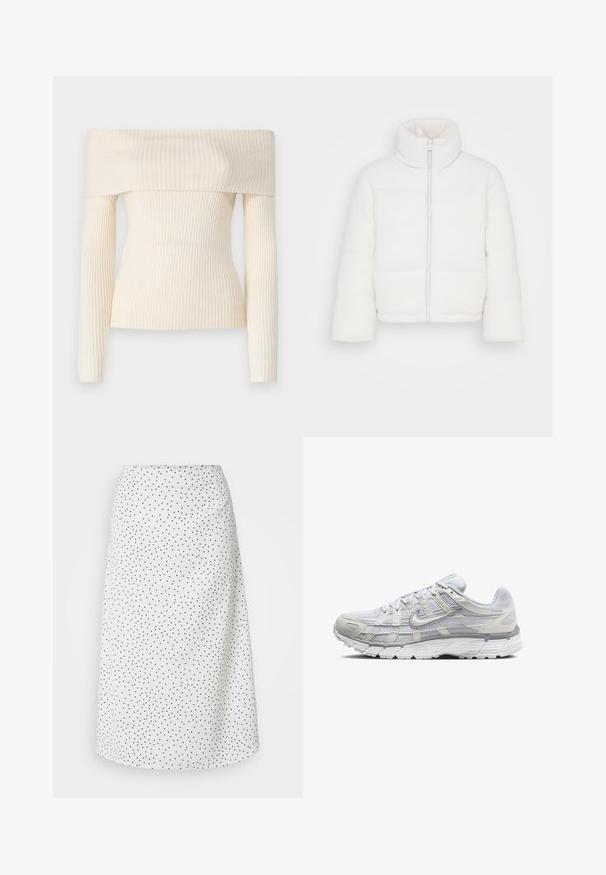 ONLY Petite ONLDOLLY HIGHNECK PUFFER - Zimná bunda - silver lining; Svetre s odhalenými ramenami, rebrovaný úplet v krémovej farbe. Má dlhé rukávy a priliehavý strih, pričom prezentuje jemnú textúru a subtílny lesk.; Biela midi sukňa s čiernymi bodkami. Vyrobená z hladkej látky, má jednoduchý, rovný strih a pás, bez vreciek alebo akcentov.; Svetlo šedé športové topánky s vrchom z ďalekého a syntetického materiálu, so šnurovacím uzáverom, polstrovaným golierom a štruktúrovanou podrážkou pre lepšiu priľnavosť.