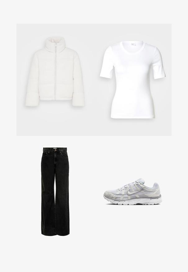 ONLY Petite ONLDOLLY HIGHNECK PUFFER - Zimná bunda - silver lining; Biele tričko s krátkym rukávom z hladkej bavlny, s okrúhlym výstrihom a priliehavým strihom. Klasický dizajn bez vzorov či akcentov.; Čierne široké džíny vyrobené z denimu, s vysokým pásom, prednými vreckami a medenými detailmi na gombíku. Hladká textúra s klasickým strihom.; Svetlo šedé športové topánky s vrchom z ďalekého a syntetického materiálu, so šnurovacím uzáverom, polstrovaným golierom a štruktúrovanou podrážkou pre lepšiu priľnavosť.