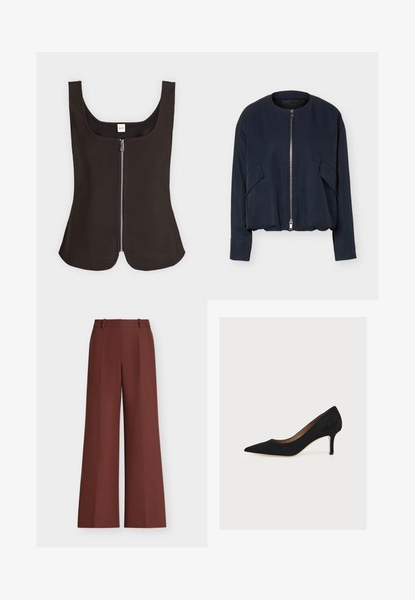 Veste bleu marine à manches longues avec col rond, fermeture éclair argentée à l'avant et poches à rabat inclinées de chaque côté, sur fond blanc.; Top noir sans manches avec col carré et fermeture éclair argentée devant, ourlet légèrement évasé, étiquette Calvin Klein à l'intérieur du col arrière.; Pantalon taille haute à jambes larges en marron foncé avec passants de ceinture et pli devant.; Escarpin en daim noir à bout pointu, talon aiguille de hauteur moyenne et semelle intérieure beige sur fond clair.