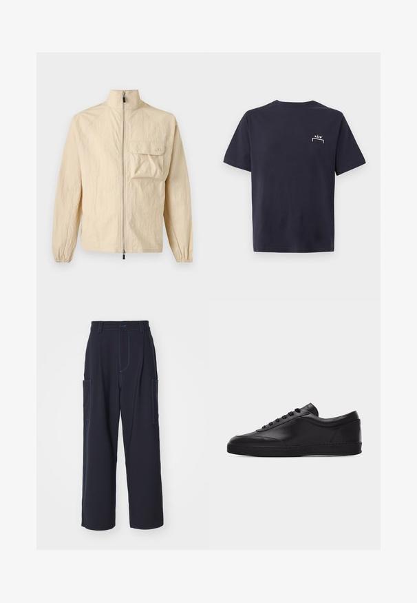 Veste légère beige avec col montant, fermeture éclair intégrale à l'avant, manches longues avec poignets élastiques et grande poche à rabat sur la poitrine.; T-shirt noir en coton à manches courtes avec petit logo blanc ACW et contour rectangulaire sur le côté gauche de la poitrine.; Pantalons cargo navy avec coutures bleues, ceinture élastique, deux poches latérales, coupe droite et texture de tissu douce.; Baskets basses en cuir noir avec lacets sur le devant et semelle en caoutchouc plate, vues de côté sur un fond blanc uni.
