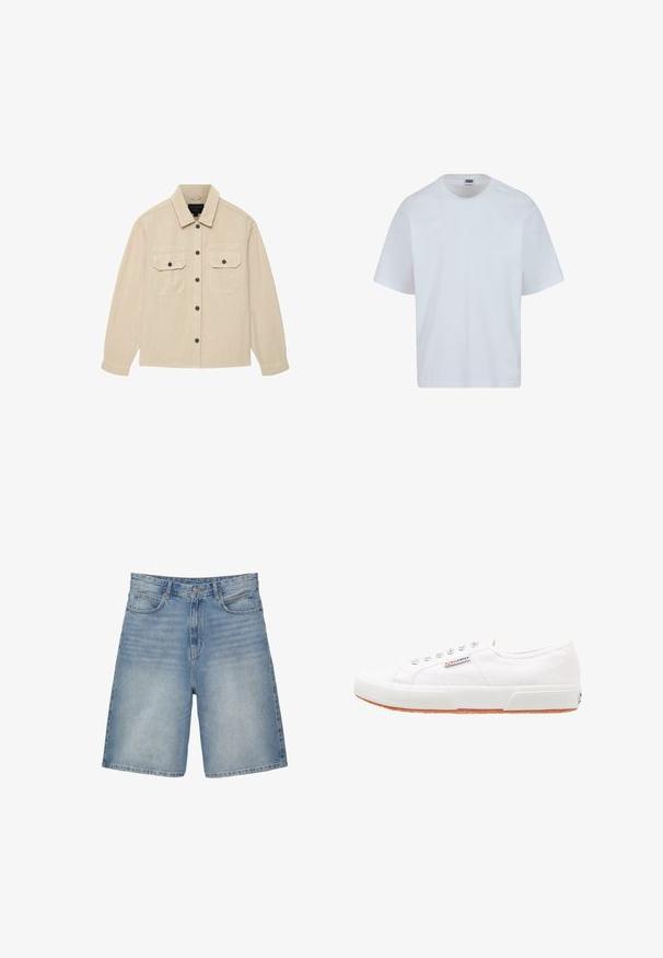 Beige overhemd met lange mouwen en knopen, met twee voorzakken met klep en knoop, en een klassieke kraag, plat gelegd op een witte achtergrond.; Witte katoenen T-shirt met een ronde hals, korte mouwen en een rechte snit. Kenmerkend zijn de subtiele stiksels op de schouders.; Lichtblauwe denimshorts met een recht ontwerp hebben vijf zakken, een ritsvlieg en een licht vervaagde textuur.; Witte canvas sneakers met een rubberen zool, vetersluiting en een klein logolabel aan de zijkant. Gewreven wit bovenwerk en een bruine zool.