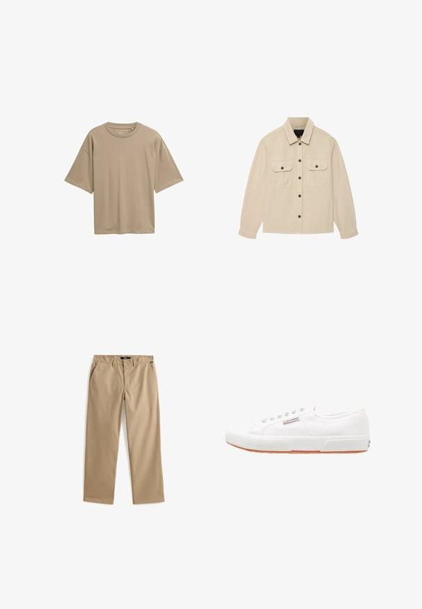 Camisa beige de manga larga con botones, con dos bolsillos frontales de solapa con botones y cuello clásico, extendida sobre un fondo blanco.; Camiseta beige de manga corta con un corte relajado, escote redondo y textura suave. Sin patrones visibles ni detalles de hardware.; Pantalones chinos beige de pierna recta hechos de tela de algodón ligera. Presentan dos bolsillos delanteros y cierre de botón. Textura suave, detalles mínimos.; Zapatillas de lona blancas con suela de goma, diseño de cordones y una pequeña etiqueta con el logo en el lateral. Parte superior texturizada blanca y suela marrón.