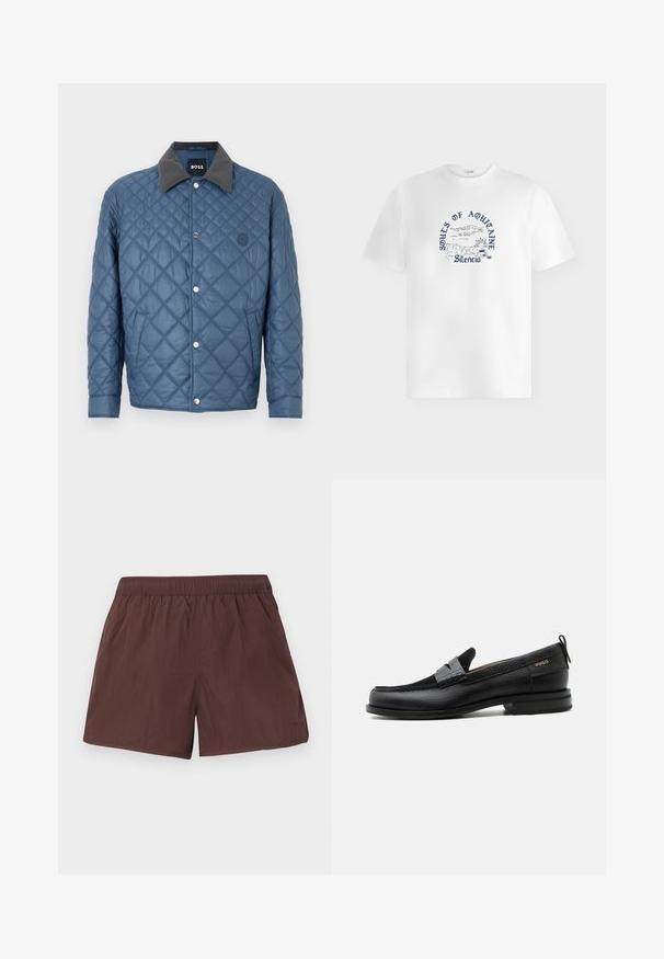 Chaqueta azul acolchada con cuello gris, botones de presión y un emblema sutil. Presenta un patrón de rombos y bolsillos laterales.; Camiseta blanca con texto azul "Souls of Aquitaine Silencio" y un dibujo lineal de un paisaje con acantilados, mar, sol y nubes.; Pantalones cortos marrones con cintura elástica, textura simple y lisa, y bolsillos laterales, mostrados planos sobre un fondo claro.; Mocasín de cuero negro con detalle de tira gris, tacón bajo y suela texturizada, con la marca "HUGO" en oro en el lateral.